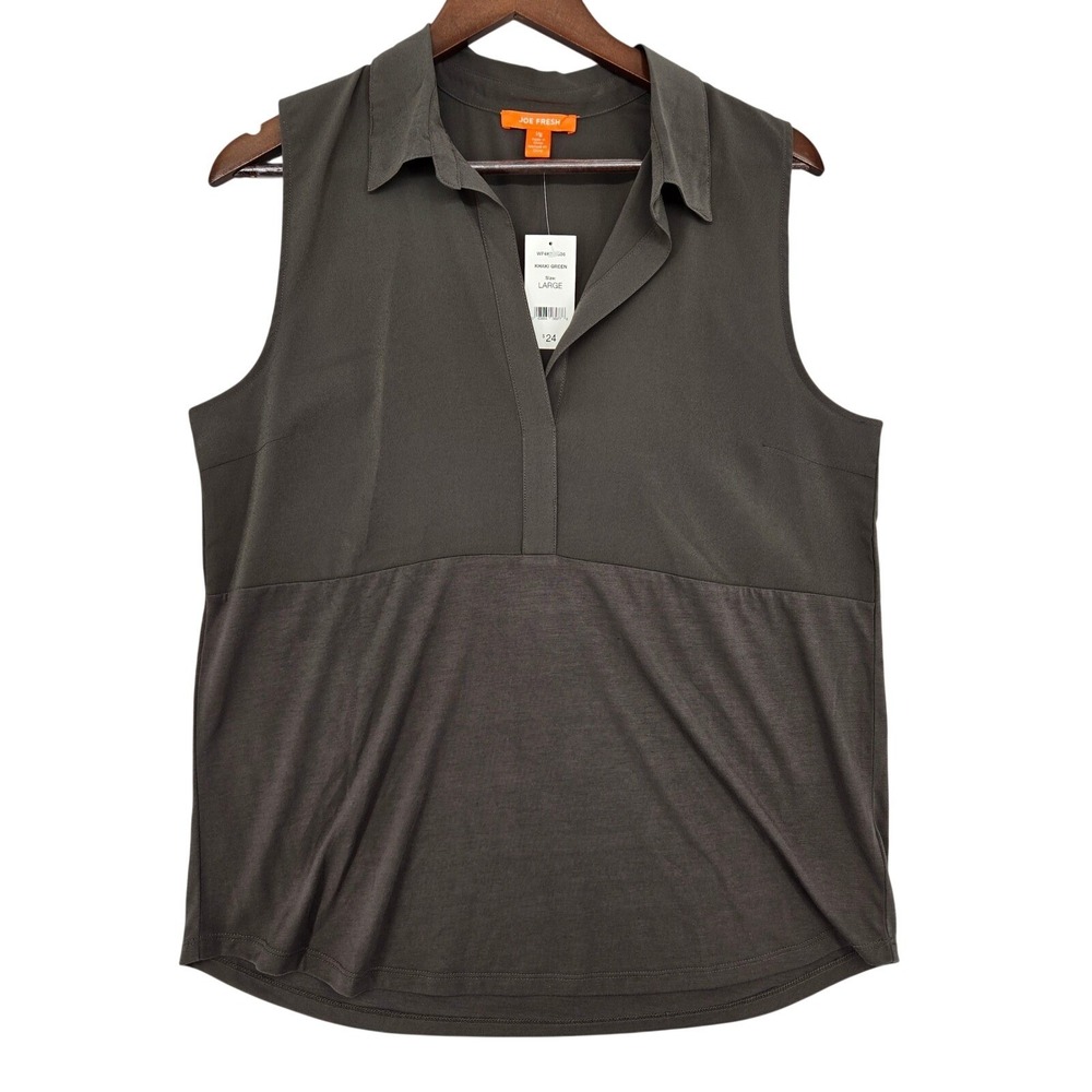 Joe Fresh Sleeveless Blouse Womens LARGE Khaki Green NEW Mixed Media V-Neck Top